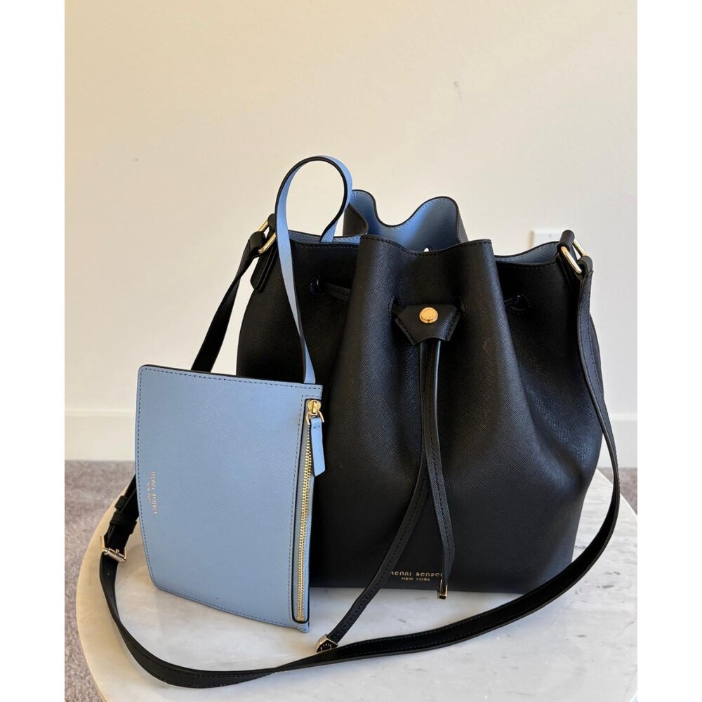Henri Bendel Black Saffiano Leather Drawstring Bucket Bag